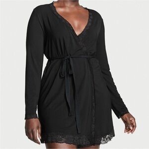 Victoria’s Secret Modal Soft Lace-Trim Robe Black M/L